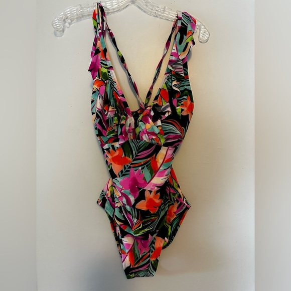 BEYOND CONTROL Tropical Ruffle One-Piece Swimsuit Size  8 Vibrant Floral Print - Picture 3 of 6